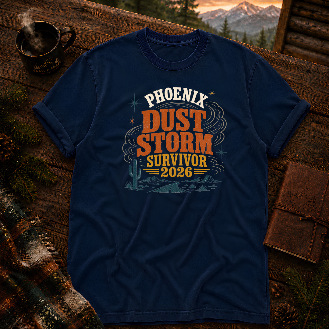 Phoenix Dust Storm tee in True Navy — Arizona haboob design on garment-dyed Comfort Colors cotton