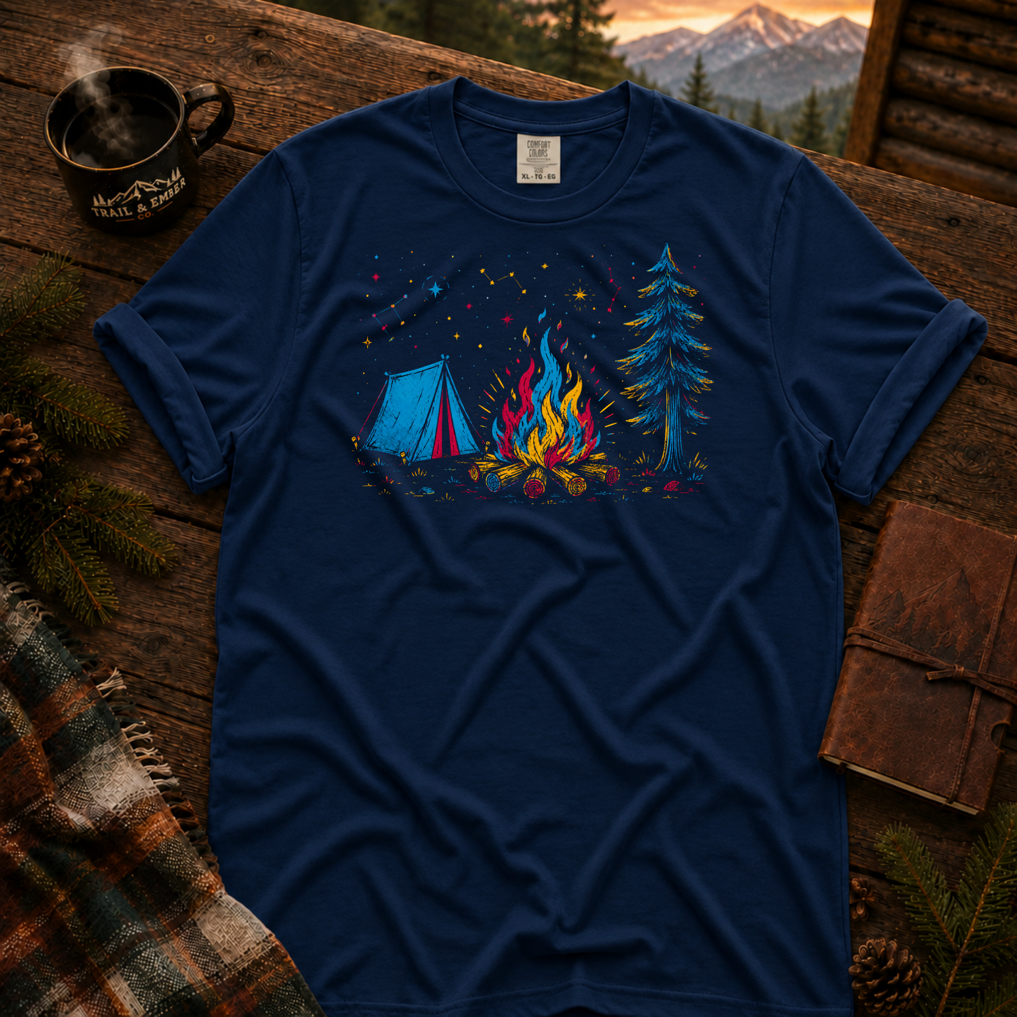 True Navy Comfort Colors t-shirt with a neon-lit campsite scene — tent, campfire, and stars in layered red, blue, and gold neon linework, Trail & Ember Co.