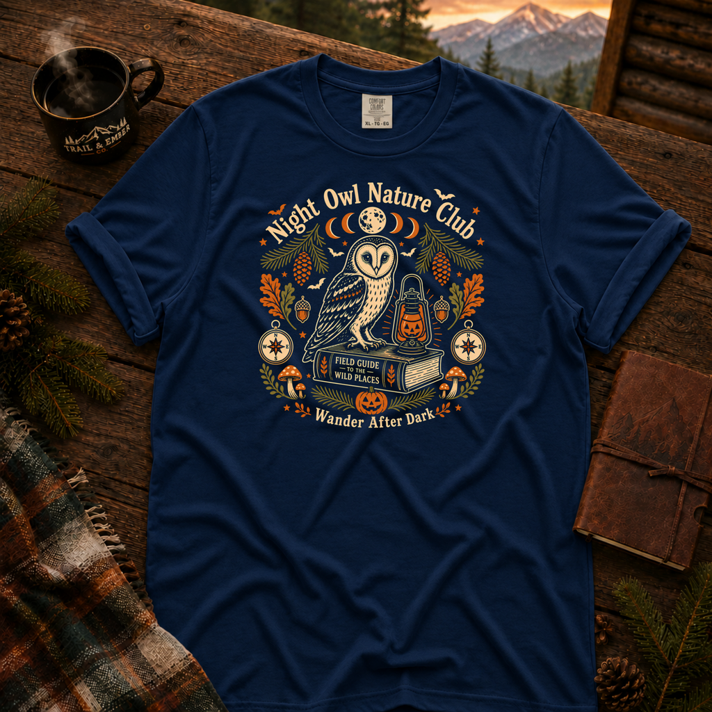 True Navy Comfort Colors t-shirt featuring a vintage Night Owl Nature Club badge design — barn owl perched on a field guide book beside a jack-o'-lantern lantern, moon phases, compass, pinecones, bats, and autumn leaves, Trail & Ember Co.