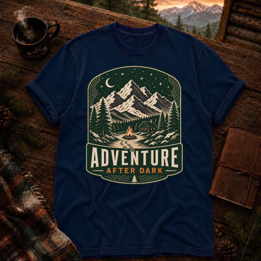 True Navy Comfort Colors 1717 t-shirt with Adventure After Dark design — Trail & Ember Co.