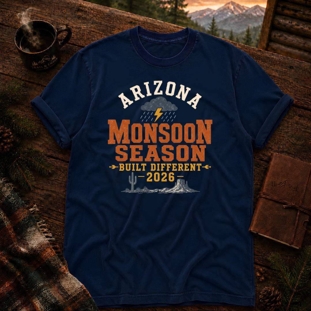 True Navy Comfort Colors t-shirt with Built Different Arizona desert heat design — Trail & Ember Co.