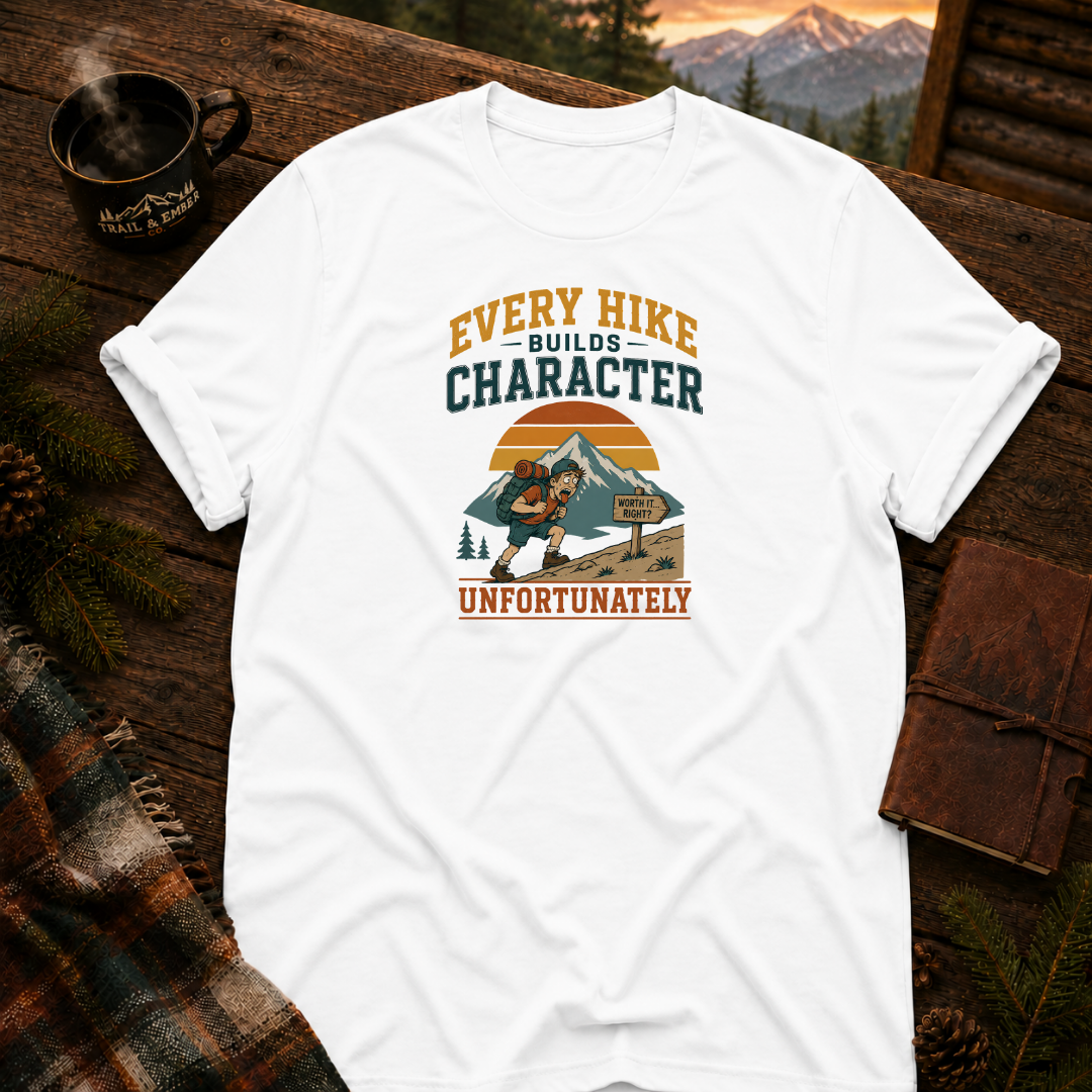 White Gildan 64000 t-shirt with Every Hike Builds Character Unfortunately graphic — Trail & Ember Co. outdoor apparel