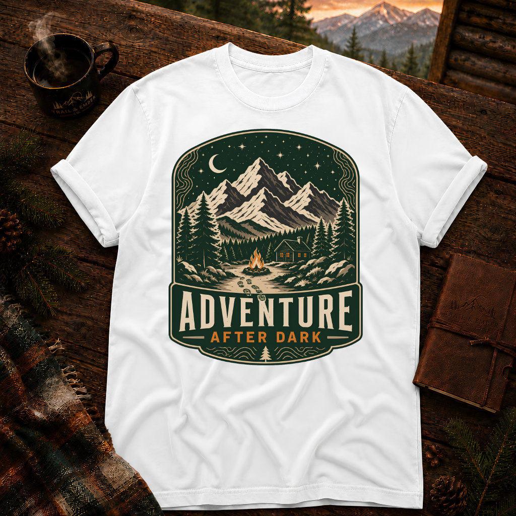White Comfort Colors 1717 t-shirt with Adventure After Dark design — Trail & Ember Co.
