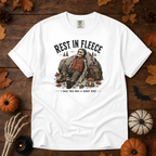 White Comfort Colors t-shirt featuring a skeleton wrapped head to rib in fleece, propped against a lantern, Trail & Ember Co.