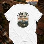 White Gildan 64000 t-shirt with Coffee Tastes Better Outdoors Badge graphic — Trail & Ember Co. outdoor apparel