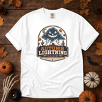 White Comfort Colors t-shirt featuring lightning splitting the sky over a lone saguaro with storm clouds rolling across the desert, Trail & Ember Co.