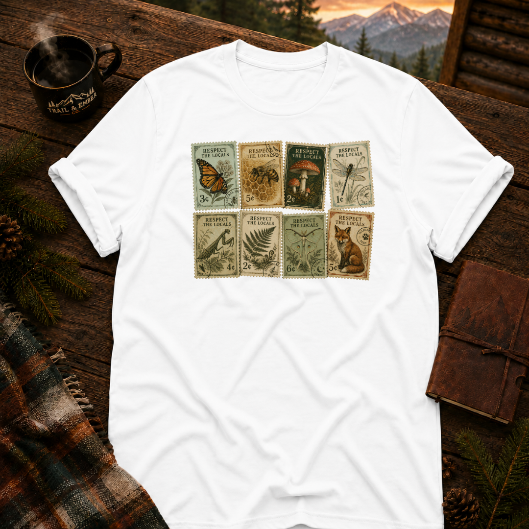 White Gildan 64000 t-shirt with Respect the Locals Vintage Stamps graphic — Trail & Ember Co. outdoor apparel