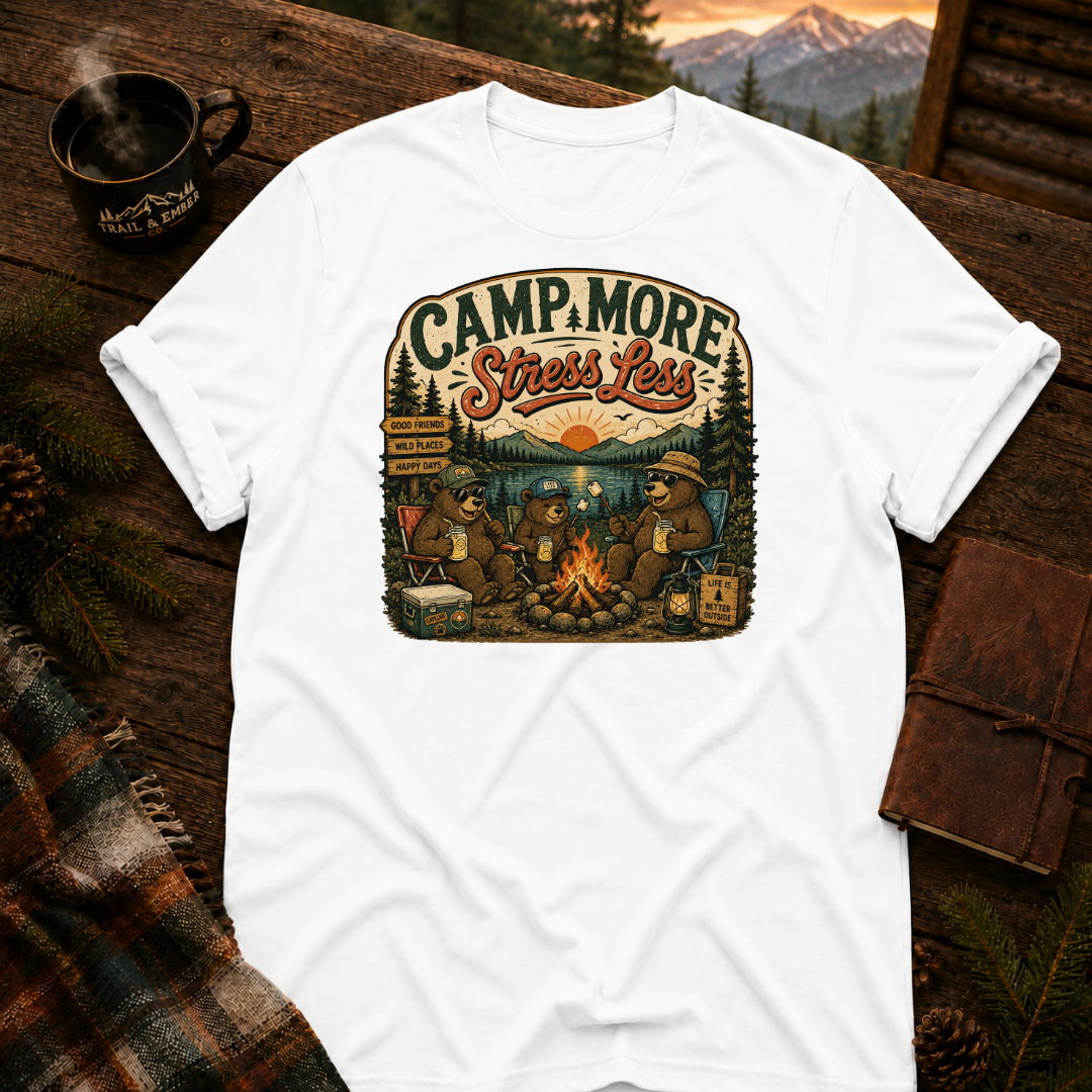 White Gildan 64000 t-shirt with Camp More Stress Less graphic — Trail & Ember Co. outdoor apparel