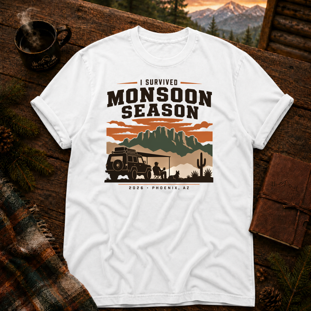 White Comfort Colors 1717 t-shirt with I Survived Monsoon 2026 design — Trail & Ember Co.