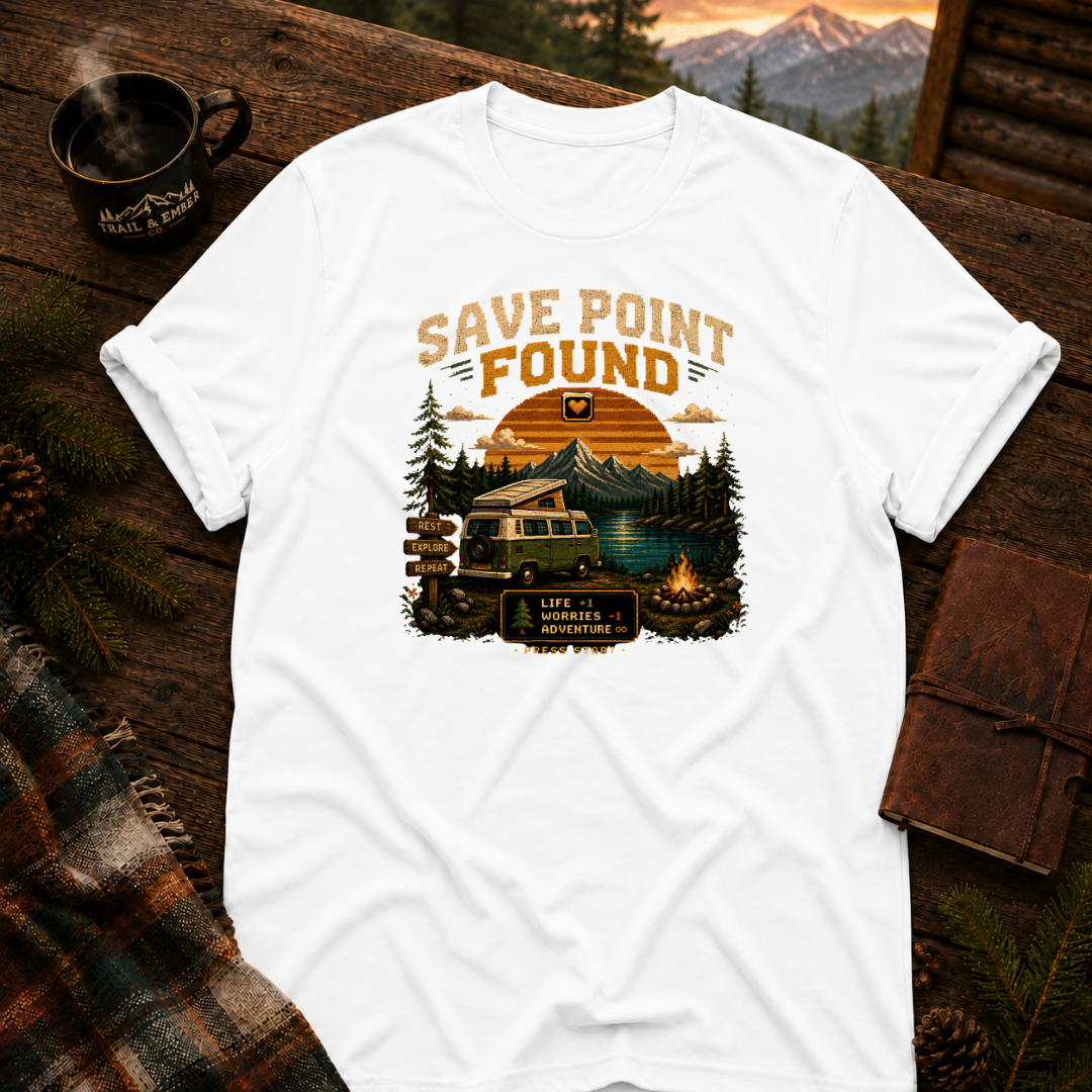White Gildan 64000 t-shirt with Save Point Found graphic — Trail & Ember Co. outdoor apparel
