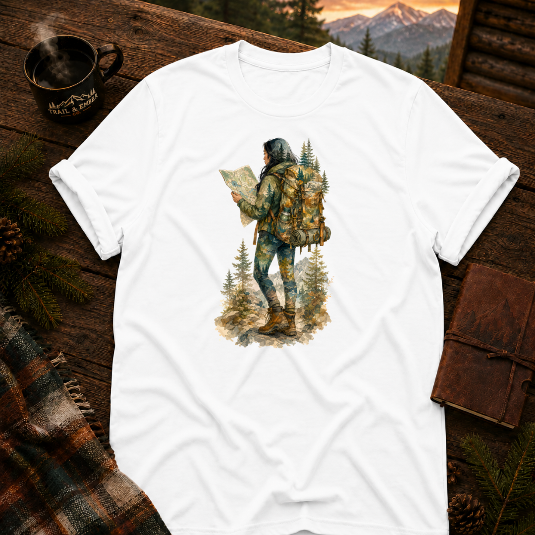 White Gildan 64000 t-shirt with Woman Hiker graphic — Trail & Ember Co. outdoor apparel