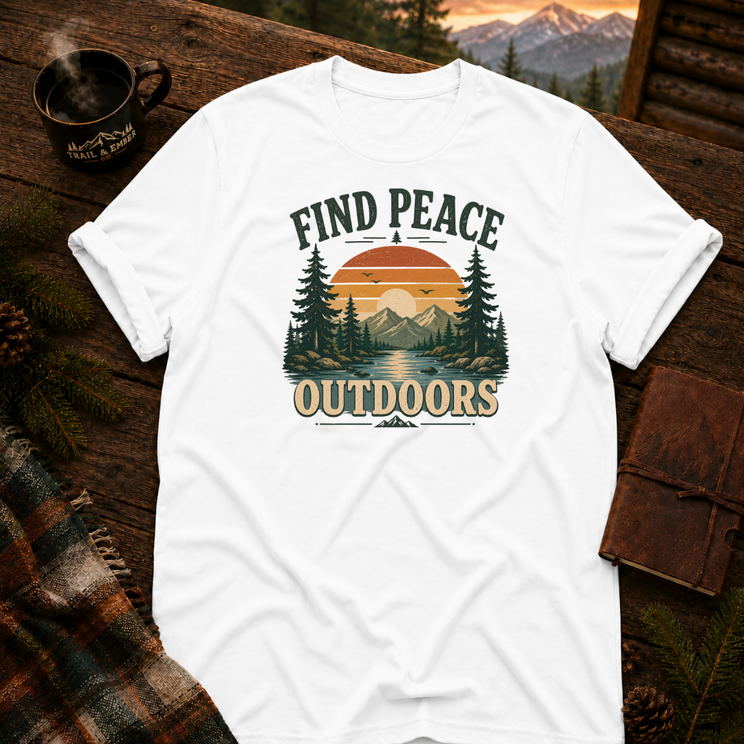 White Gildan 64000 t-shirt with Find Peace Outdoors graphic — Trail & Ember Co. outdoor apparel
