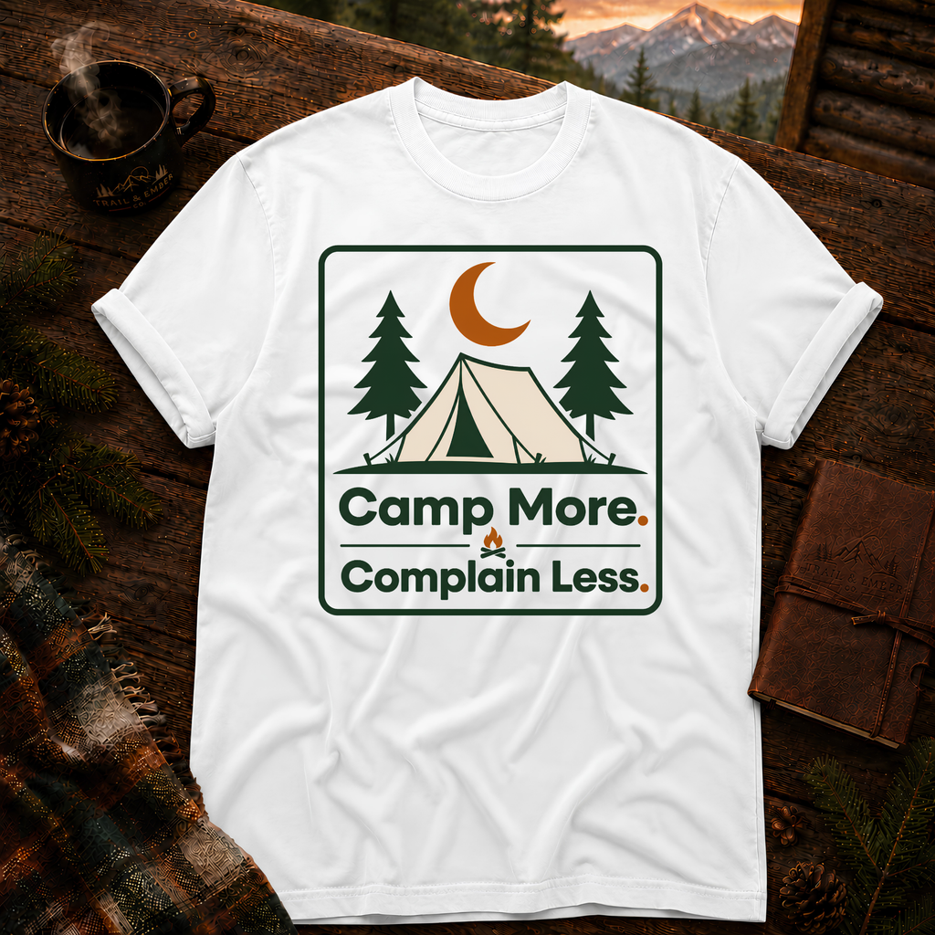White Comfort Colors 1717 t-shirt with Camp More Complain Less design — Trail & Ember Co.