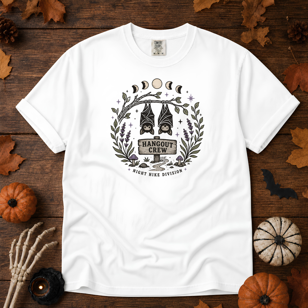White Comfort Colors t-shirt featuring a hammock strung between two trees with boots kicked off underneath, Trail & Ember Co.