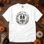 White Comfort Colors t-shirt featuring a hammock strung between two trees with boots kicked off underneath, Trail & Ember Co.