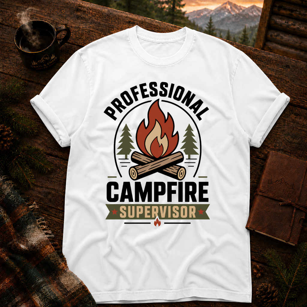White Comfort Colors 1717 t-shirt with Campfire Supervisor design — Trail & Ember Co.