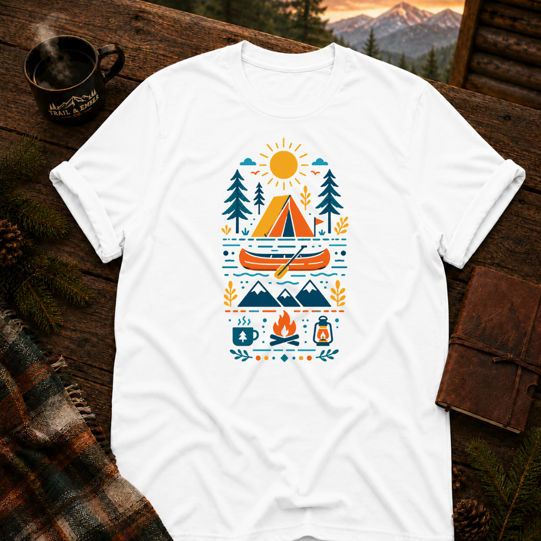 White Gildan 64000 t-shirt with Camping Icons Collection graphic — Trail & Ember Co. outdoor apparel