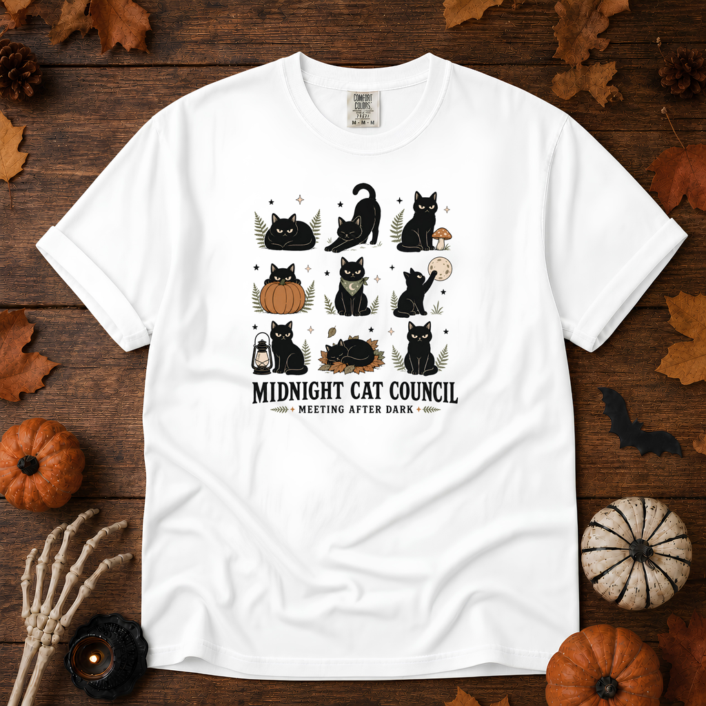 White Comfort Colors t-shirt featuring a circle of cats on a fence line at midnight with eyes catching the porch light, Trail & Ember Co.