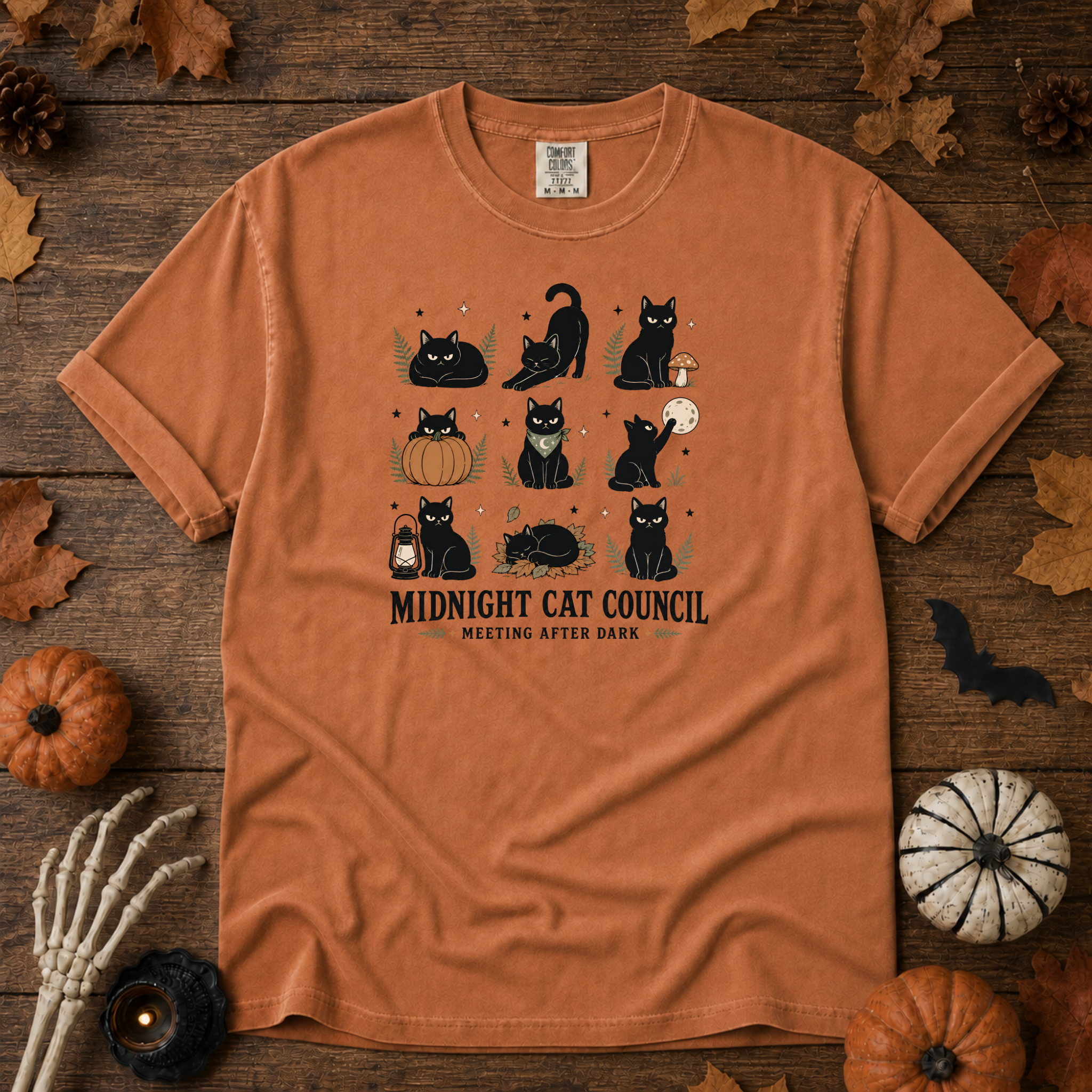 Yam Comfort Colors t-shirt featuring a circle of cats on a fence line at midnight with eyes catching the porch light, Trail & Ember Co.