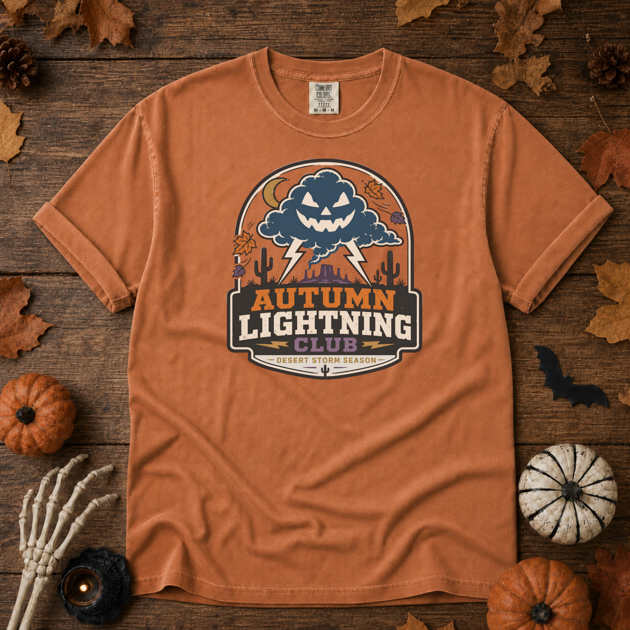 Yam Comfort Colors t-shirt featuring lightning splitting the sky over a lone saguaro with storm clouds rolling across the desert, Trail & Ember Co.