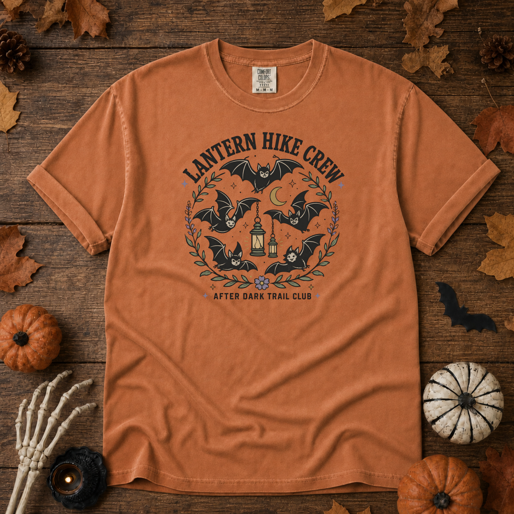 Yam Comfort Colors t-shirt featuring a lantern glowing on a switchback trail under the moon, Trail & Ember Co.