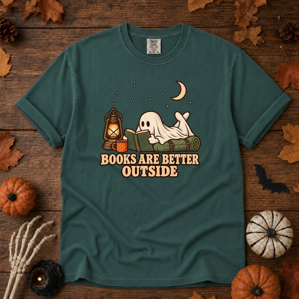 Books are Better Outside t-shirt in Blue Spruce — garment-dyed Comfort Colors 1717, Trail & Ember Co.
