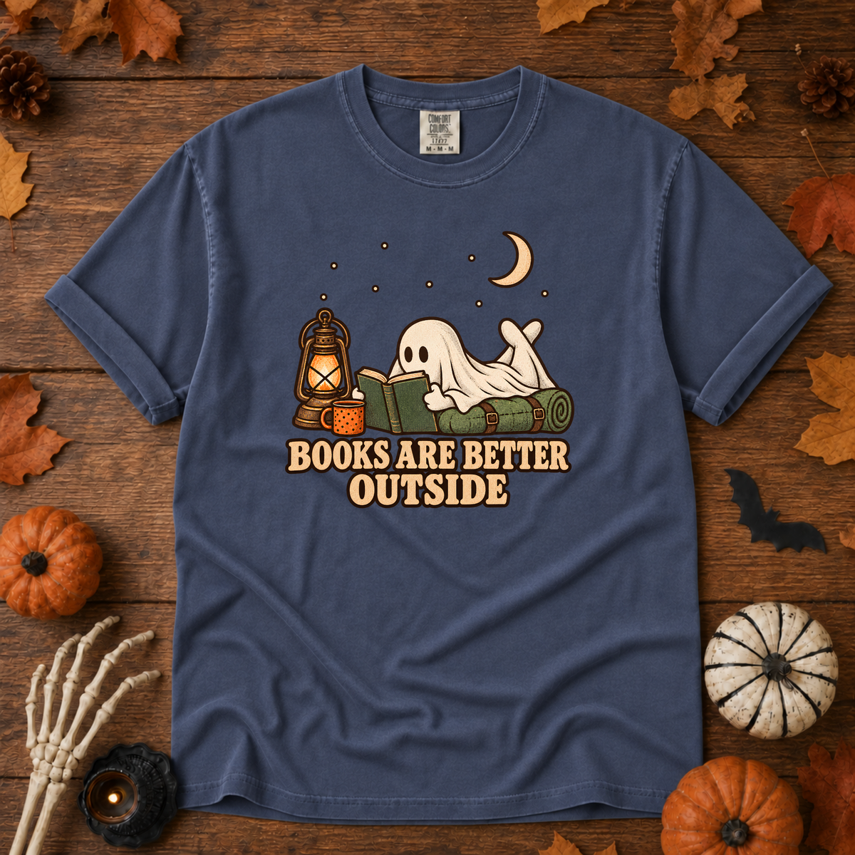 Books are Better Outside t-shirt in China Blue — garment-dyed Comfort Colors 1717, Trail & Ember Co.
