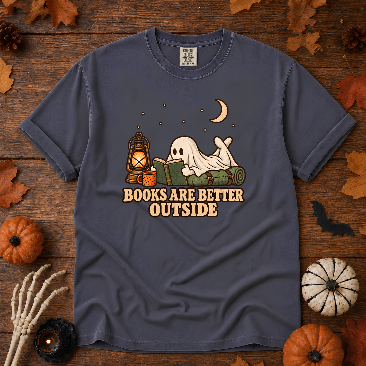 Books are Better Outside t-shirt in Denim — garment-dyed Comfort Colors 1717, Trail & Ember Co.