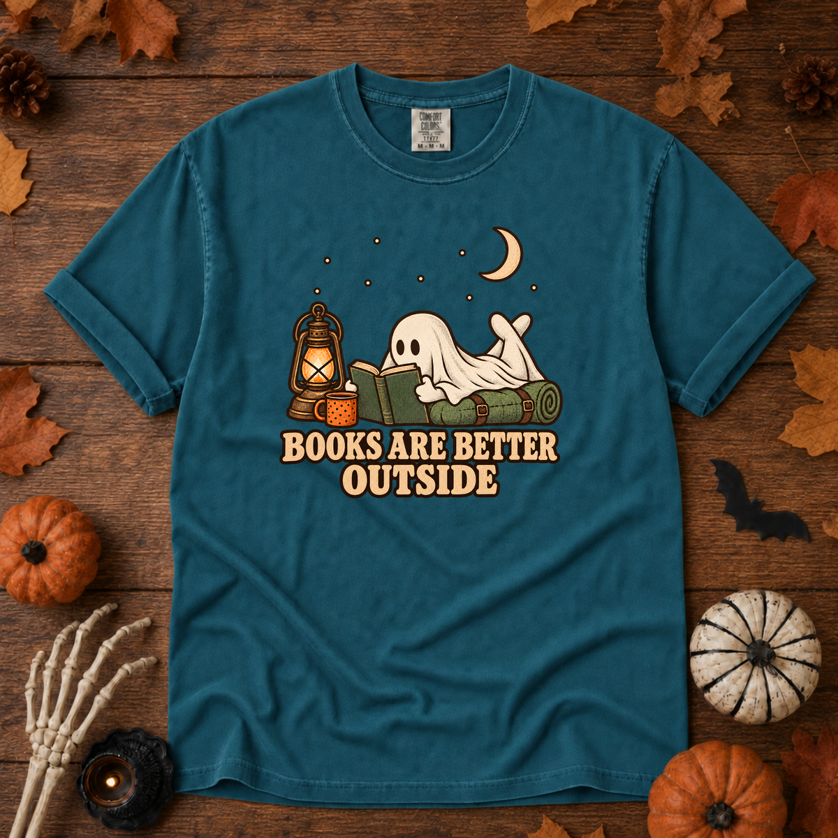 Books are Better Outside t-shirt in Topaz Blue — garment-dyed Comfort Colors 1717, Trail & Ember Co.