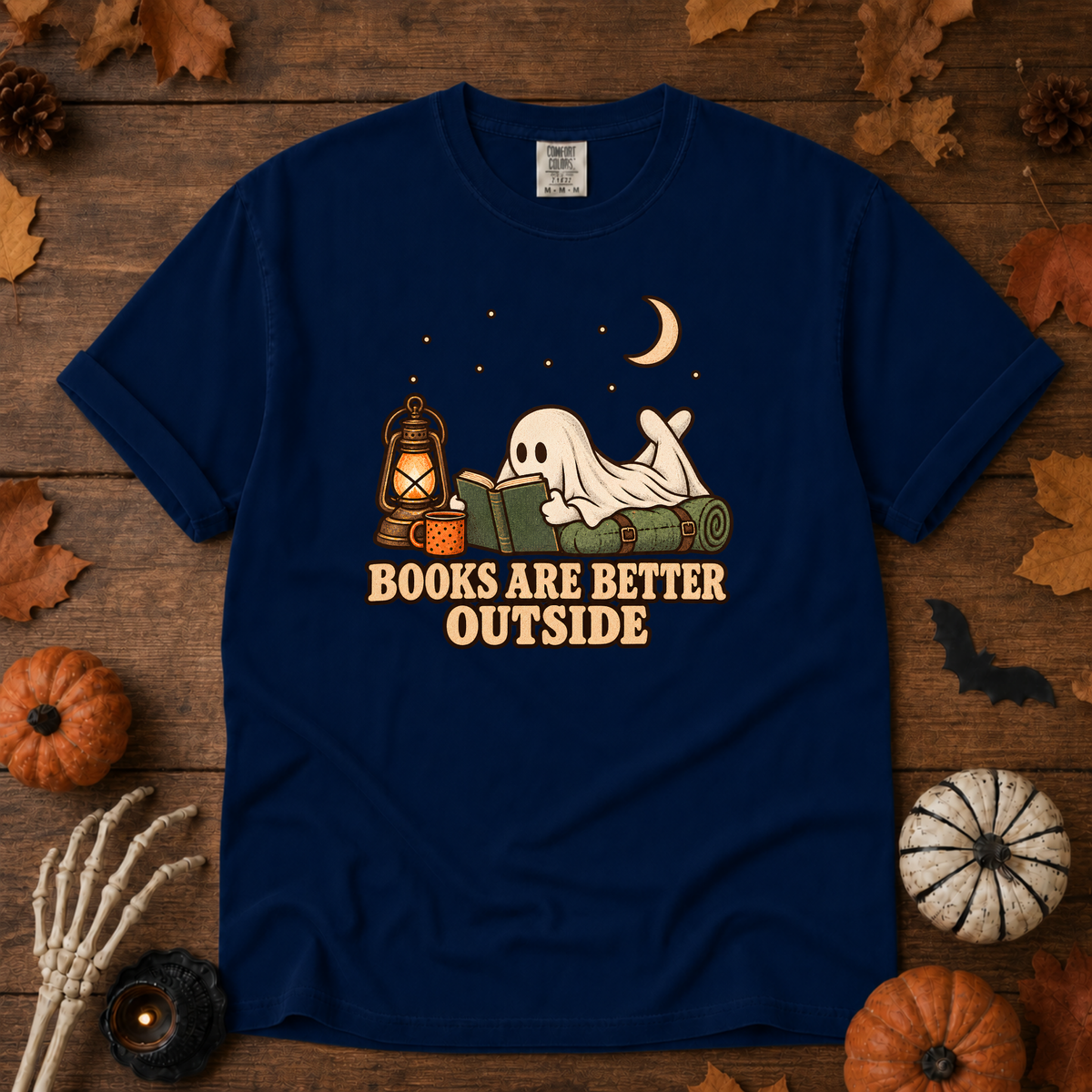 Books are Better Outside t-shirt in True Navy — garment-dyed Comfort Colors 1717, Trail & Ember Co.