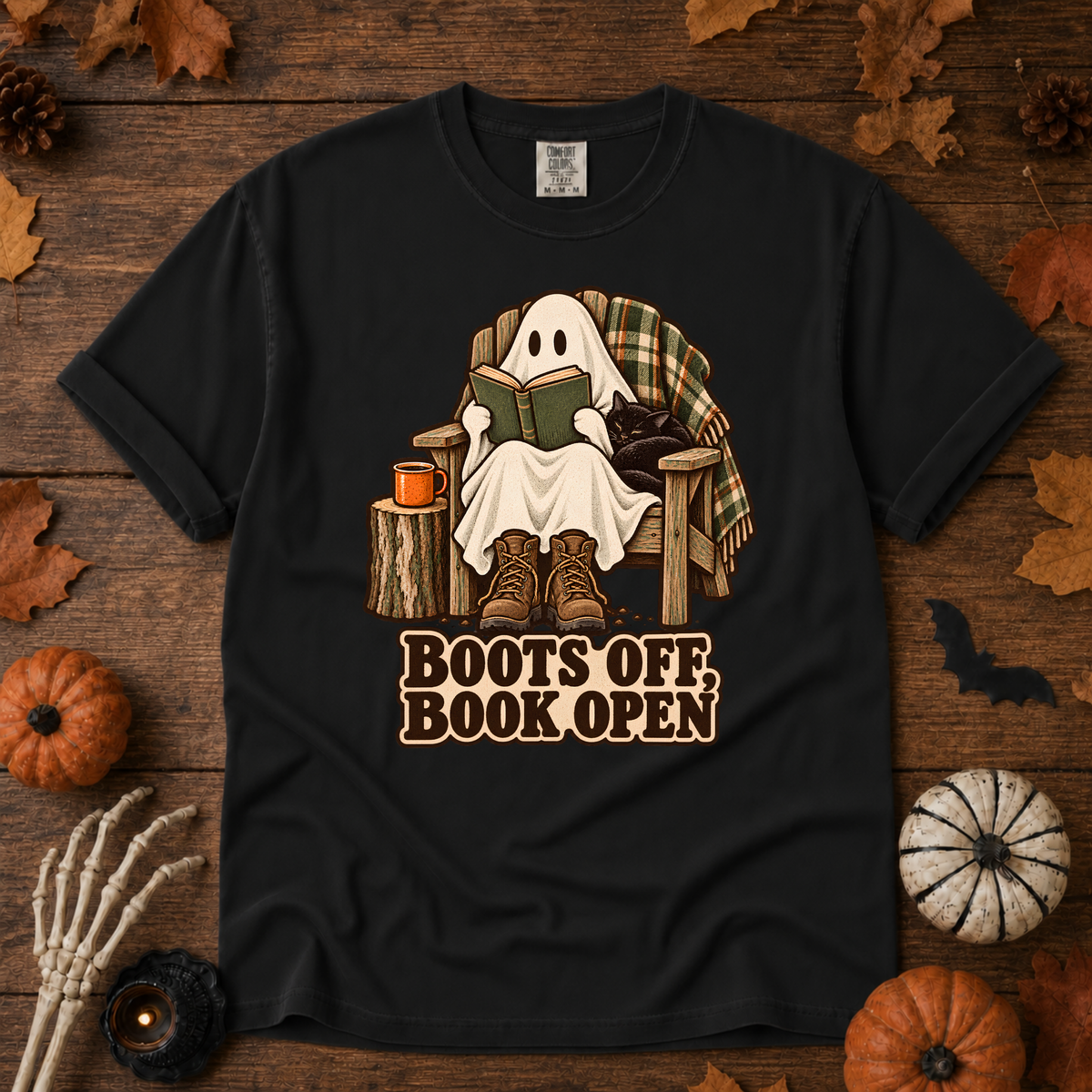 Boots off, Books Open t-shirt in Black — garment-dyed Comfort Colors 1717, Trail & Ember Co.