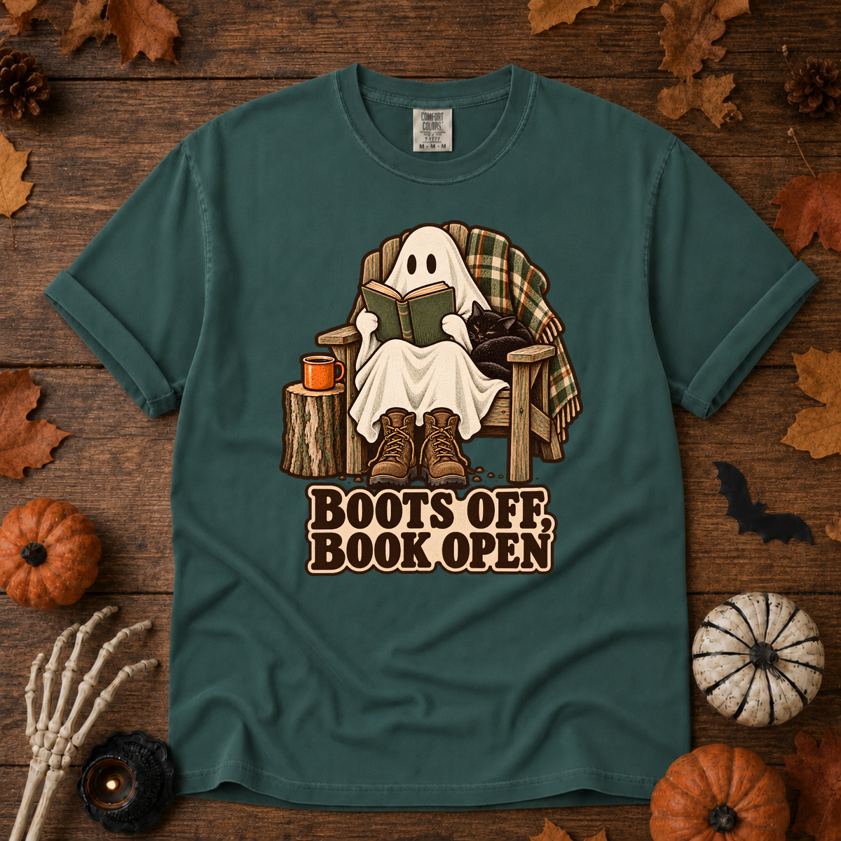 Boots off, Books Open t-shirt in Blue Spruce — garment-dyed Comfort Colors 1717, Trail & Ember Co.
