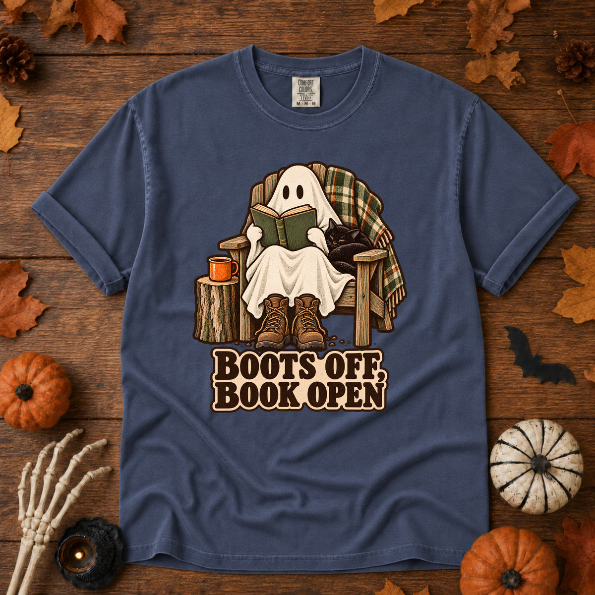 Boots off, Books Open t-shirt in China Blue — garment-dyed Comfort Colors 1717, Trail & Ember Co.