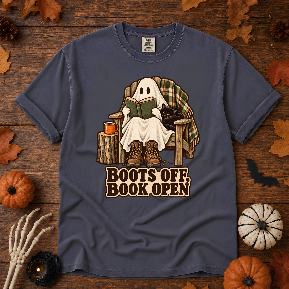 Boots off, Books Open t-shirt in Denim — garment-dyed Comfort Colors 1717, Trail & Ember Co.