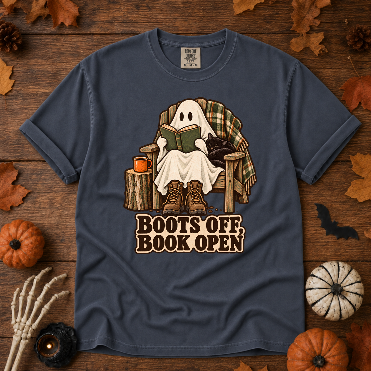 Boots off, Books Open t-shirt in Midnight — garment-dyed Comfort Colors 1717, Trail & Ember Co.