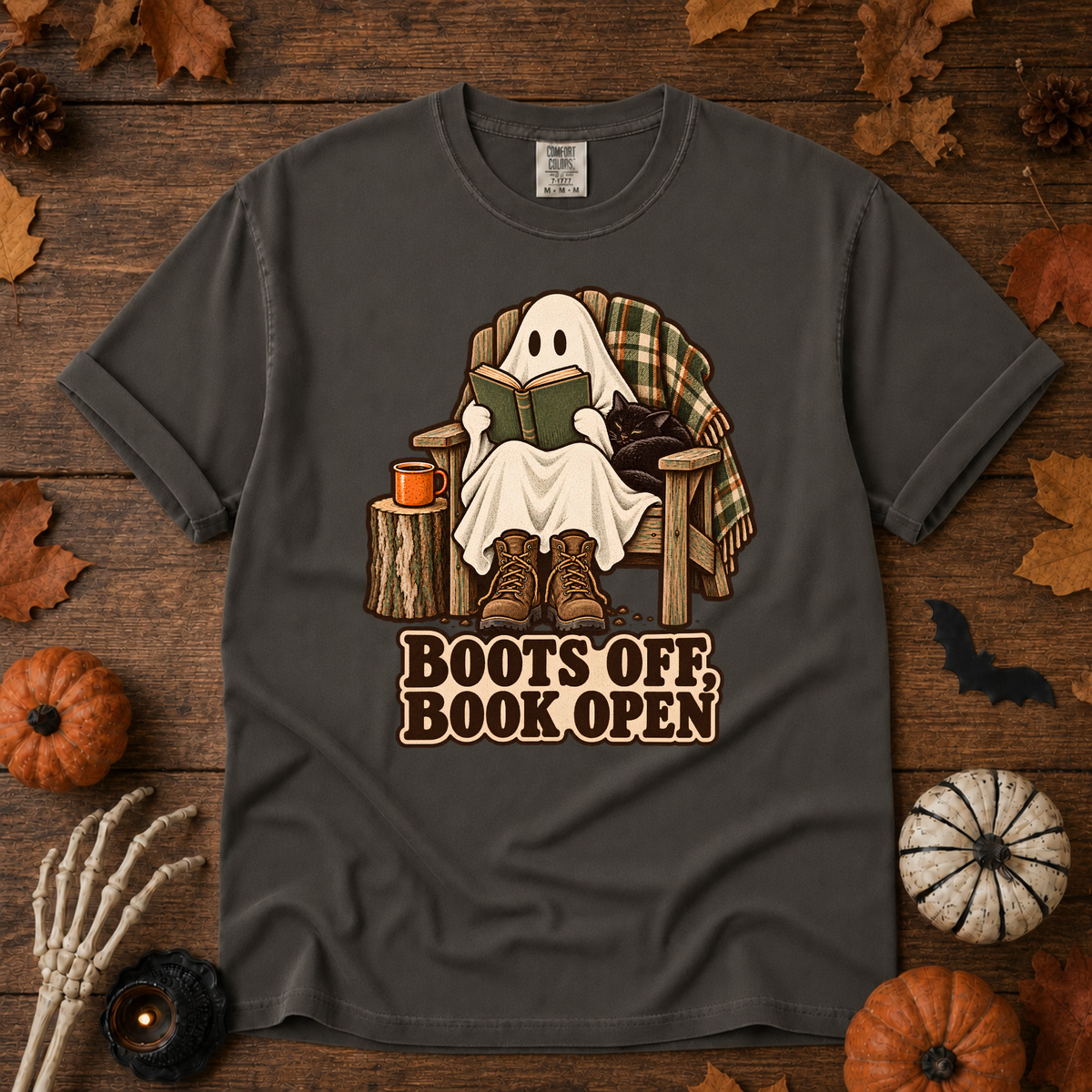Boots off, Books Open t-shirt in Pepper — garment-dyed Comfort Colors 1717, Trail & Ember Co.