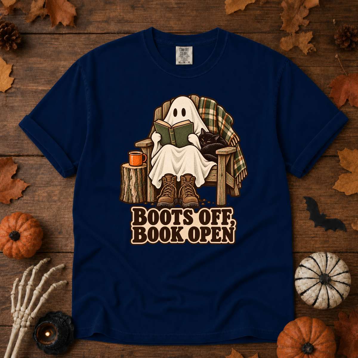 Boots off, Books Open t-shirt in True Navy — garment-dyed Comfort Colors 1717, Trail & Ember Co.