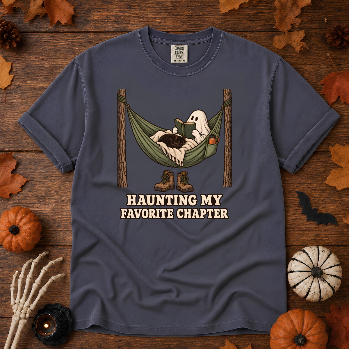 Haunting My Favorite Chapter Halloween t-shirt in Denim — garment-dyed Comfort Colors 1717, Trail & Ember Co.