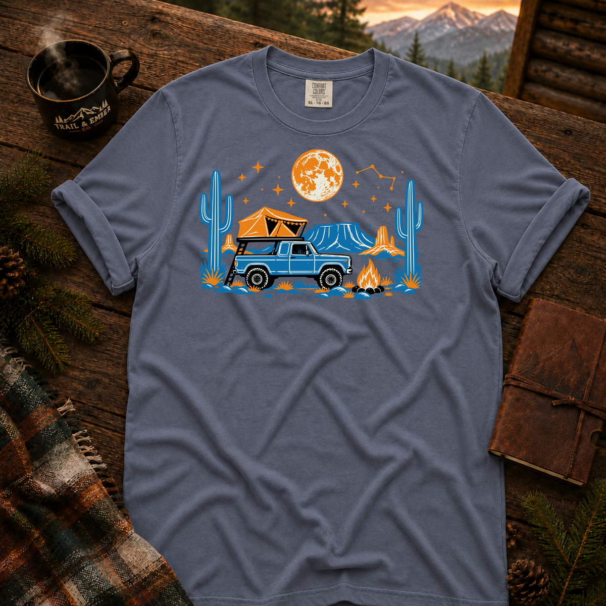 Neon Camp Truck Comfort Colors T-shirt in Blue Jean — Trail & Ember Co. custom mockup