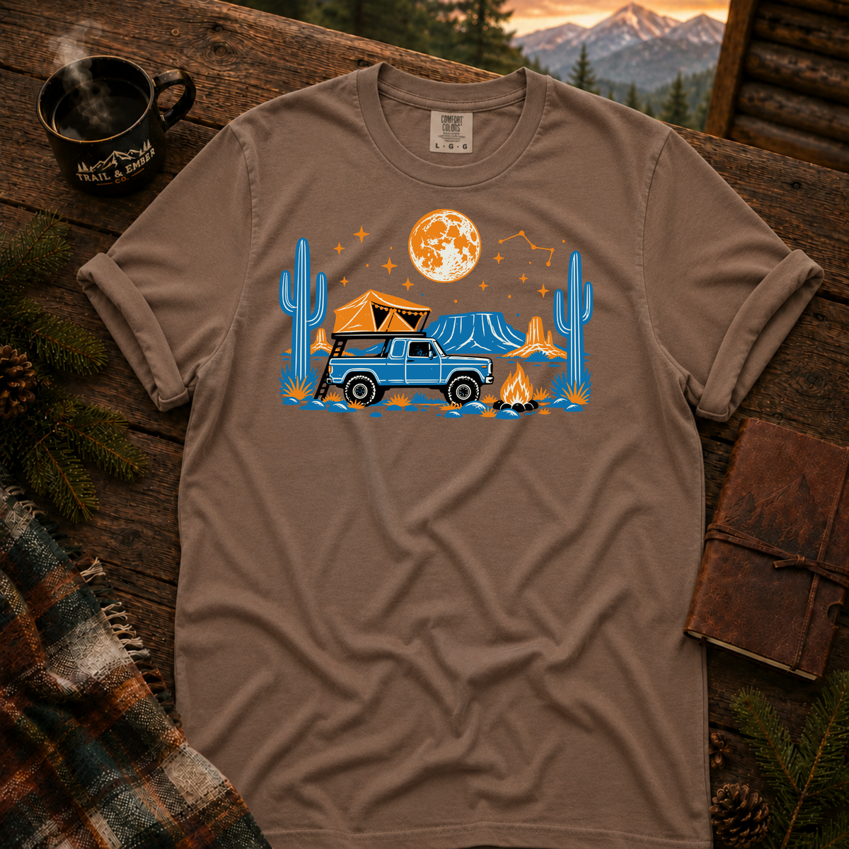 Neon Camp Truck Comfort Colors T-shirt in Espresso — Trail & Ember Co. custom mockup