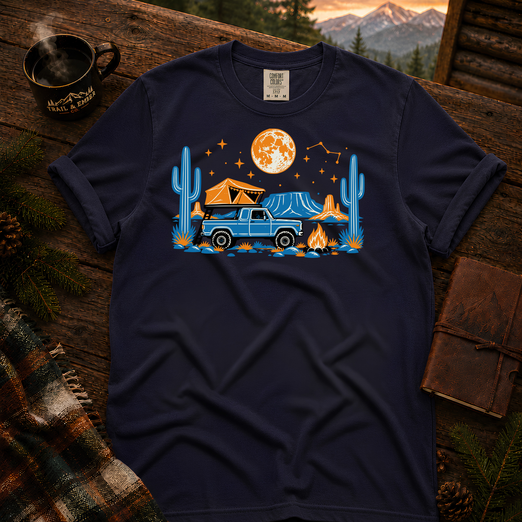 Neon Camp Truck Comfort Colors T-shirt in True Navy — Trail & Ember Co. custom mockup