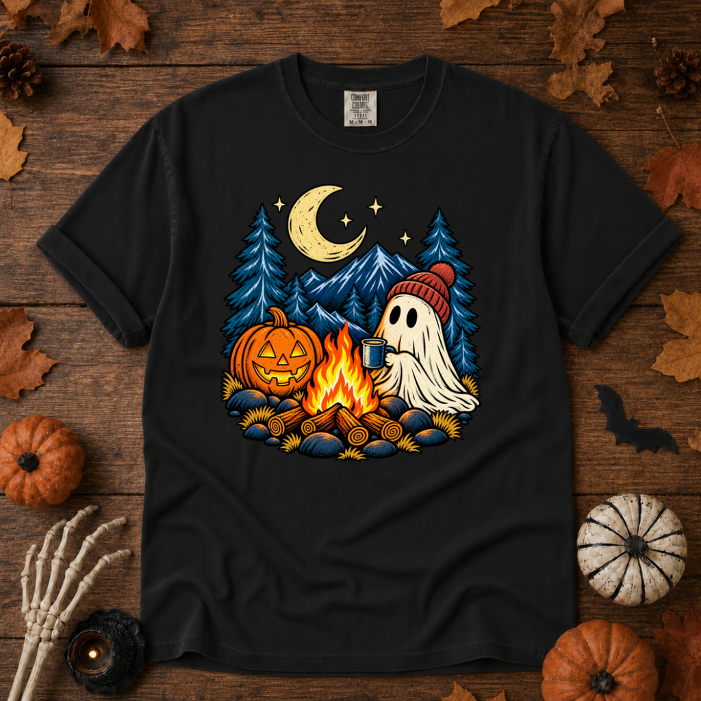 Neon Friends Halloween camping t-shirt in Black — garment-dyed Comfort Colors 1717, Trail & Ember Co.