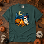 Neon Friends Halloween camping t-shirt in Blue Spruce — garment-dyed Comfort Colors 1717, Trail & Ember Co.