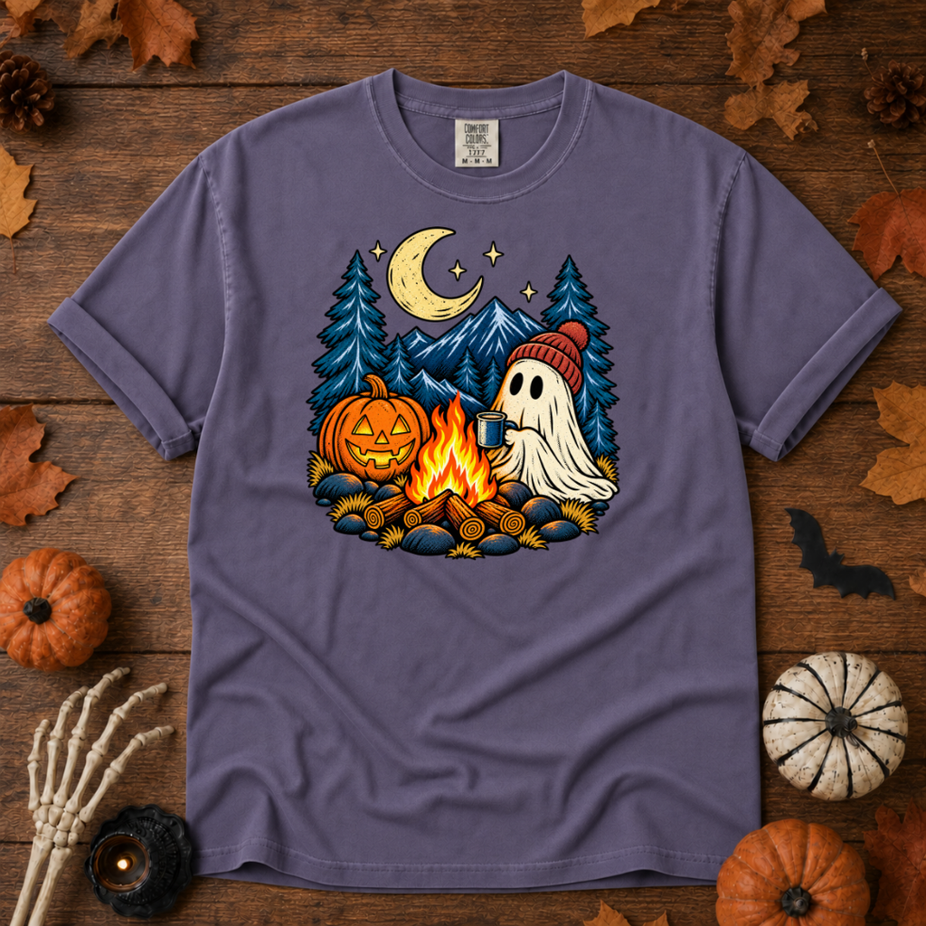 Neon Friends Halloween camping t-shirt in Grape — garment-dyed Comfort Colors 1717, Trail & Ember Co.