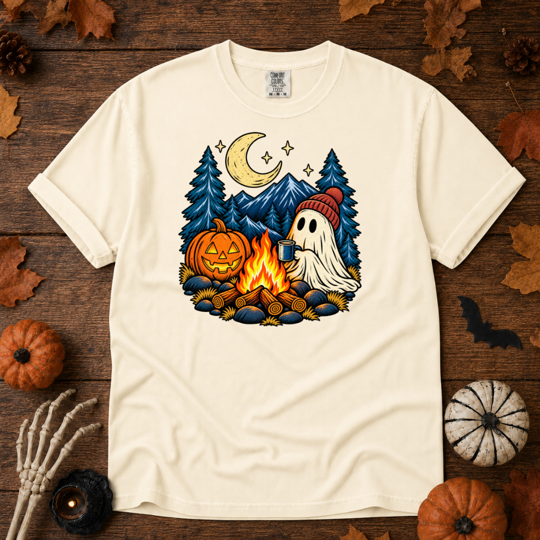 Neon Friends Halloween camping t-shirt in Ivory — garment-dyed Comfort Colors 1717, Trail & Ember Co.