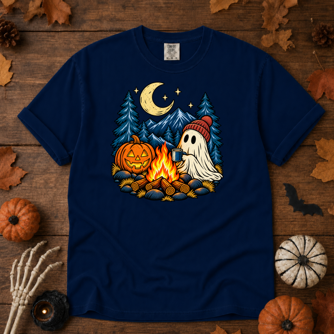 Neon Friends Halloween camping t-shirt in True Navy — garment-dyed Comfort Colors 1717, Trail & Ember Co.