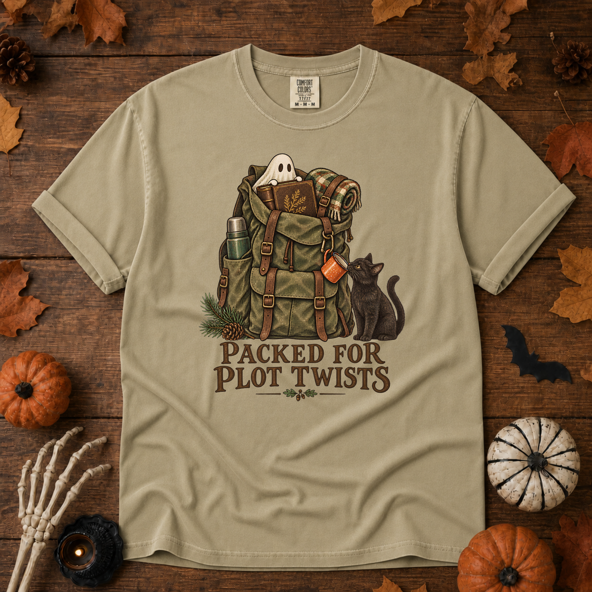 Plot Twist book lover t-shirt in Khaki — garment-dyed Comfort Colors 1717, Trail & Ember Co.
