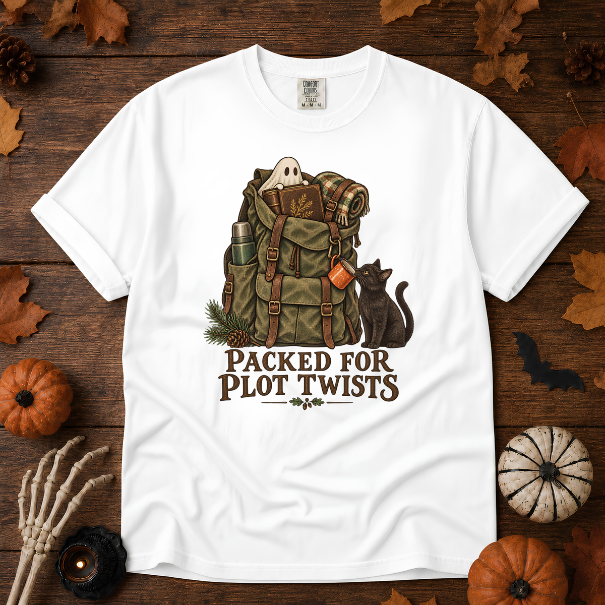 Plot Twist book lover t-shirt in White — garment-dyed Comfort Colors 1717, Trail & Ember Co.