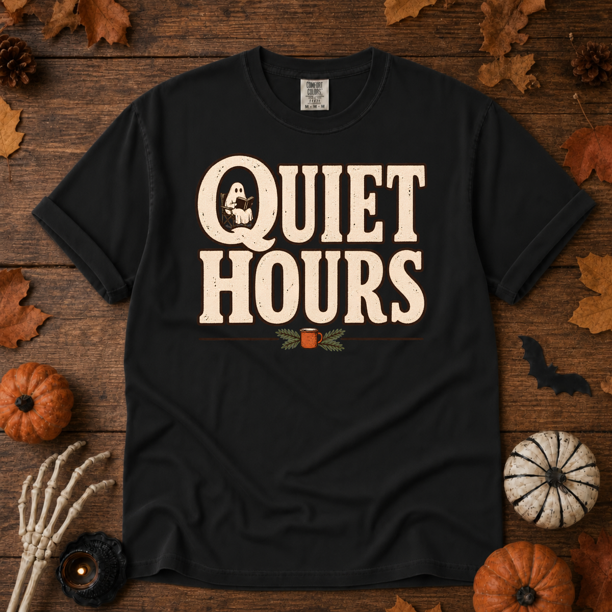 Quiet Hours book lover t-shirt in Black — garment-dyed Comfort Colors 1717, Trail & Ember Co.