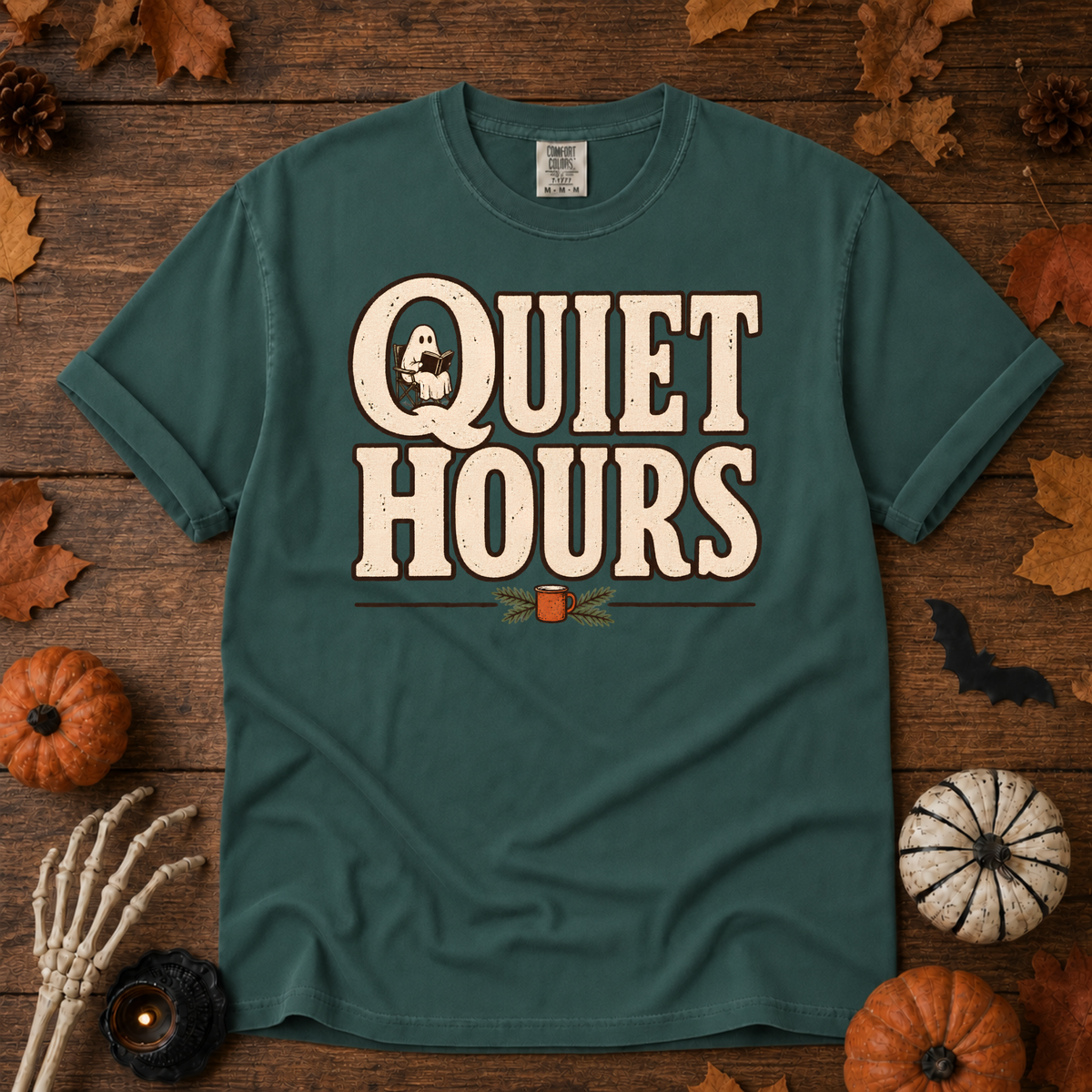 Quiet Hours book lover t-shirt in Blue Spruce — garment-dyed Comfort Colors 1717, Trail & Ember Co.